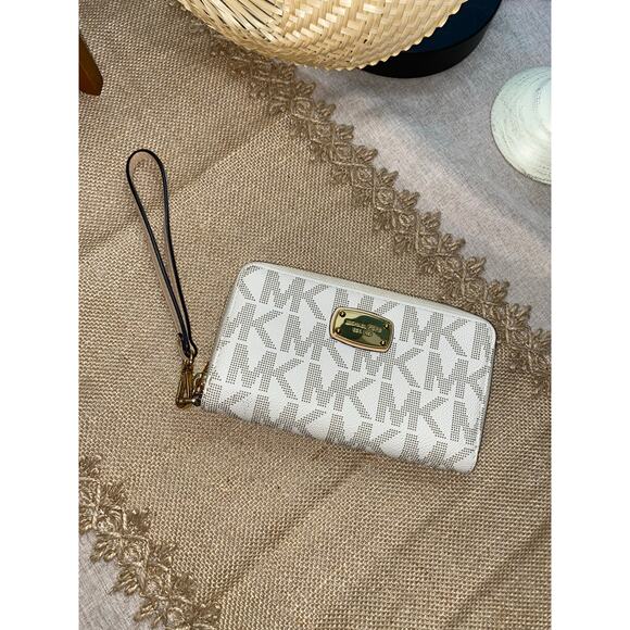 Michael Kors MK Monogram Logo White Gray Gold Zipper Wallet with Wrist Strap GUC - Picture 1 of 9